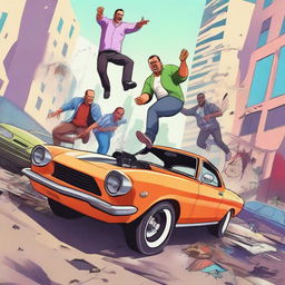 Create an image depicting a humorous and chaotic scene inspired by GTA 5 fails