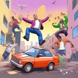 Create an image depicting a humorous and chaotic scene inspired by GTA 5 fails