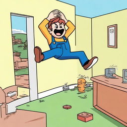 A humorous scene depicting a character in a video game experiencing a funny fail moment, such as missing a jump and falling, or an unexpected glitch causing a funny reaction