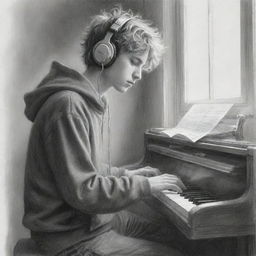 Sketchy pencil drawing of a disheveled-haired boy playing an electric organ, with headphones on his ears and wearing a hoodie. Light is streaming in through the windows, casting dramatic shadows and imbuing the scene with a sense of melancholy.