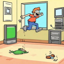 A humorous scene depicting a character in a video game experiencing a funny fail moment, such as missing a jump and falling, or an unexpected glitch causing a funny reaction