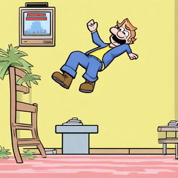 A humorous scene depicting a character in a video game experiencing a funny fail moment, such as missing a jump and falling, or an unexpected glitch causing a funny reaction