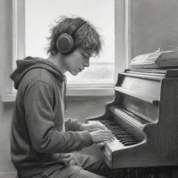 Sketchy pencil drawing of a disheveled-haired boy playing an electric organ, with headphones on his ears and wearing a hoodie. Light is streaming in through the windows, casting dramatic shadows and imbuing the scene with a sense of melancholy.