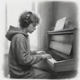 Sketchy pencil drawing of a disheveled-haired boy playing an electric organ, with headphones on his ears and wearing a hoodie. Light is streaming in through the windows, casting dramatic shadows and imbuing the scene with a sense of melancholy.