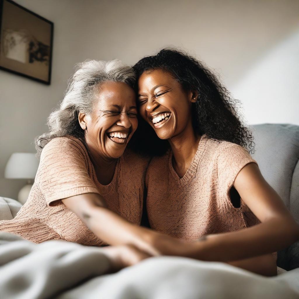 A playful and intimate scene featuring two women laughing and tickling each other in a cozy, private setting