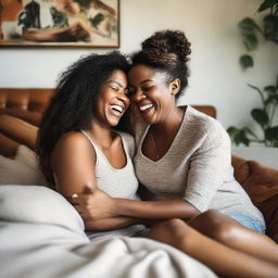 A playful and intimate scene featuring two women laughing and tickling each other in a cozy, private setting