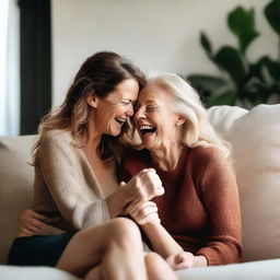 A playful and intimate scene featuring two women laughing and tickling each other in a cozy, private setting