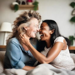 A playful and intimate scene featuring two women laughing and tickling each other in a cozy, private setting