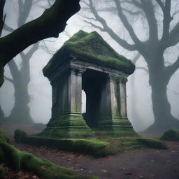 A dark and eerie tomb surrounded by ancient, twisted trees