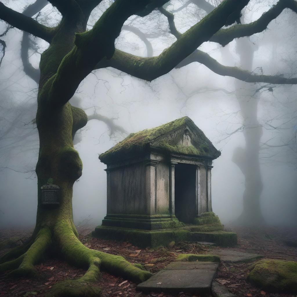 A dark and eerie tomb surrounded by ancient, twisted trees