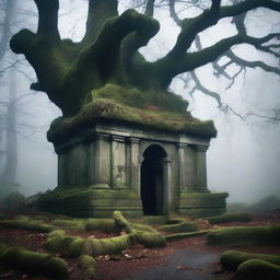 A dark and eerie tomb surrounded by ancient, twisted trees