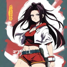 A detailed and vibrant illustration of Momo Yaoyorozu, a character from My Hero Academia, showcasing her confident and heroic demeanor