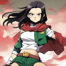 A detailed and vibrant illustration of Momo Yaoyorozu, a character from My Hero Academia, showcasing her confident and heroic demeanor