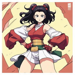 A detailed and vibrant illustration of Momo Yaoyorozu, a character from My Hero Academia, showcasing her confident and heroic demeanor