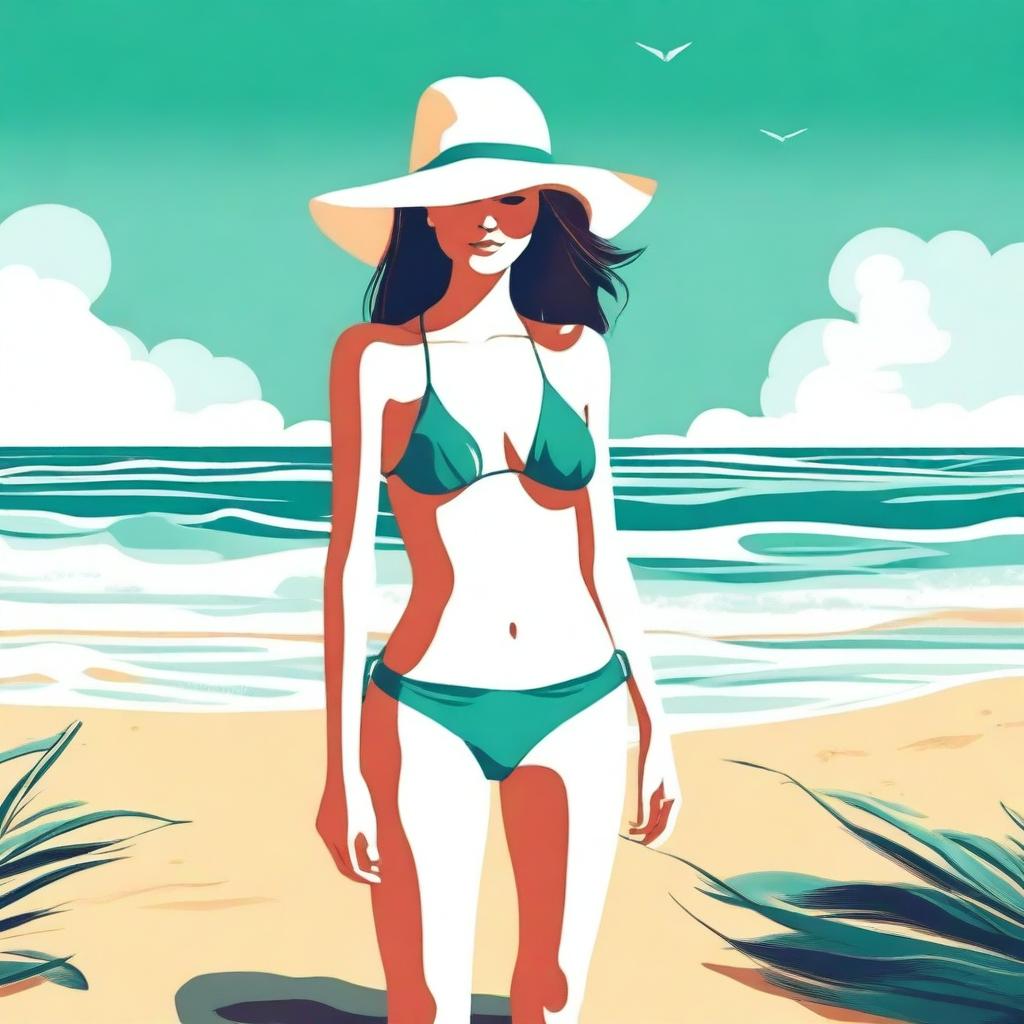 A tasteful and artistic illustration of a person wearing a bikini at the beach