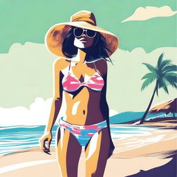 A tasteful and artistic illustration of a person wearing a bikini at the beach