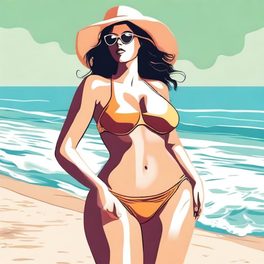 An illustration of a person with a voluptuous figure wearing a bikini at the beach