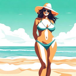 An illustration of a person with a voluptuous figure wearing a bikini at the beach