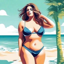 An illustration of a person with a voluptuous figure wearing a bikini at the beach