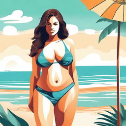 An illustration of a person with a voluptuous figure wearing a bikini at the beach