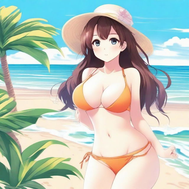 An anime-style illustration of a waifu character with a voluptuous figure wearing a bikini at the beach