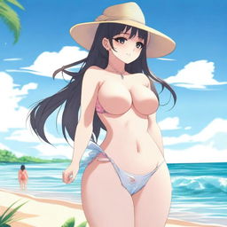 An anime-style illustration of a waifu character with a voluptuous figure wearing a bikini at the beach