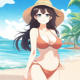 An anime-style illustration of a waifu character with a voluptuous figure wearing a bikini at the beach