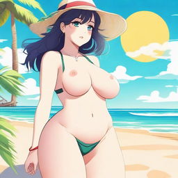 An anime-style illustration of a waifu character with a voluptuous figure wearing a bikini at the beach