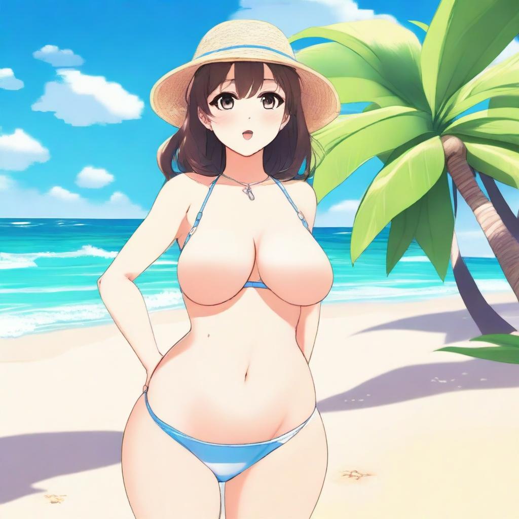 An anime-style illustration of a waifu character with a voluptuous figure in a bikini, viewed from the side