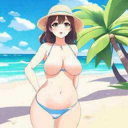 An anime-style illustration of a waifu character with a voluptuous figure in a bikini, viewed from the side