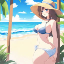 An anime-style illustration of a waifu character with a voluptuous figure in a bikini, viewed from the side