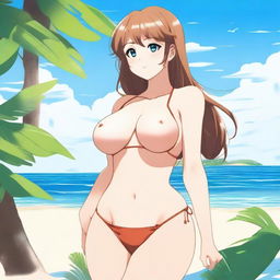 An anime-style illustration of a waifu character with a voluptuous figure in a bikini, viewed from the side