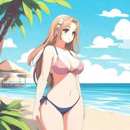 An anime-style illustration of a waifu character with a voluptuous figure in a bikini, viewed from the side