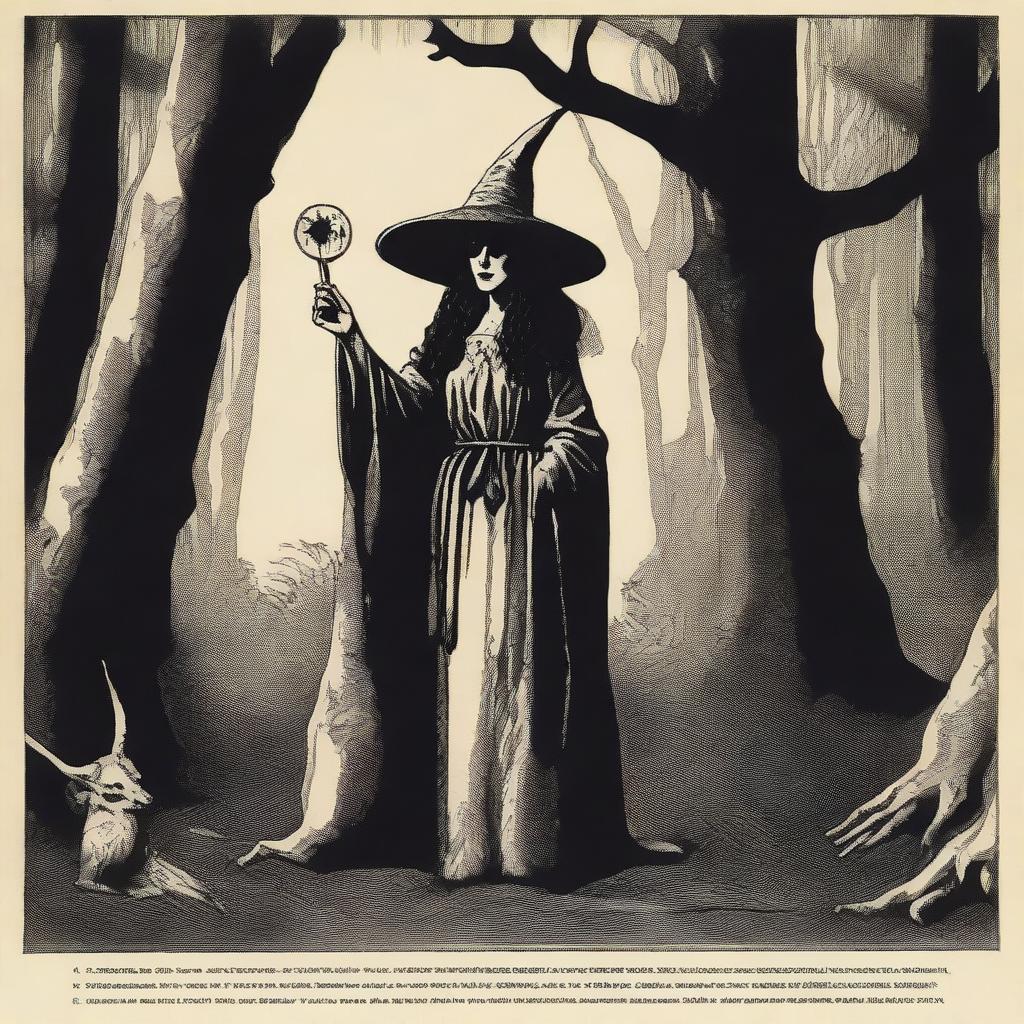 A central image of a witch in a dark forest, possibly with animal skins hanging around or in her hands