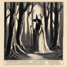 A central image of a witch in a dark forest, possibly with animal skins hanging around or in her hands