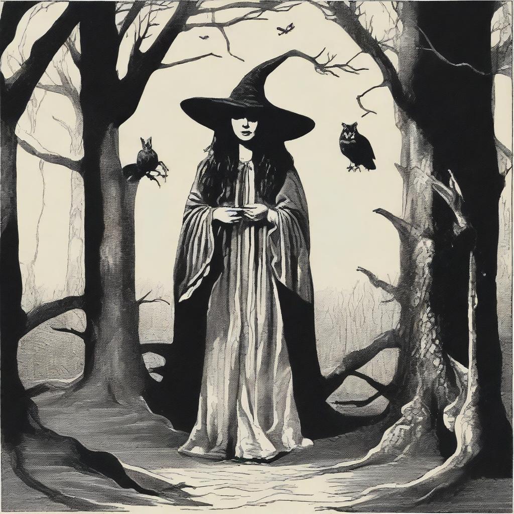 A central image of a witch in a dark forest, possibly with animal skins hanging around or in her hands