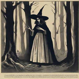 A central image of a witch in a dark forest, possibly with animal skins hanging around or in her hands