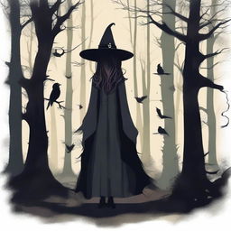 A witch in a dark forest, turned away, with various costumes hanging on deteriorated trees