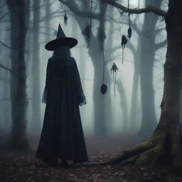 A witch in a dark forest, turned away, with various costumes hanging on deteriorated trees