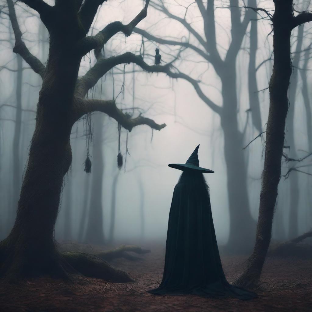 A witch in a dark forest, turned away, with various costumes hanging on deteriorated trees