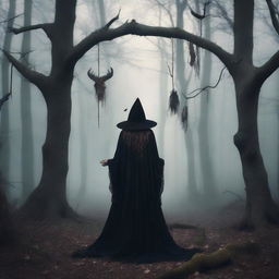 A witch in a dark forest, turned away, with various costumes hanging on deteriorated trees