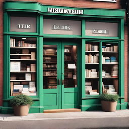 Create an image of the outside of a bookstore with a sign that prominently displays 'PLR'