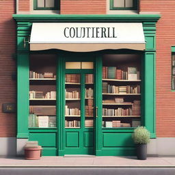 Create an image of the outside of a bookstore with a sign that prominently displays 'PLR'