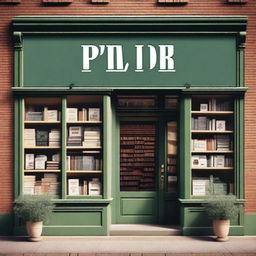 Create an image of the outside of a bookstore with a sign that prominently displays 'PLR'