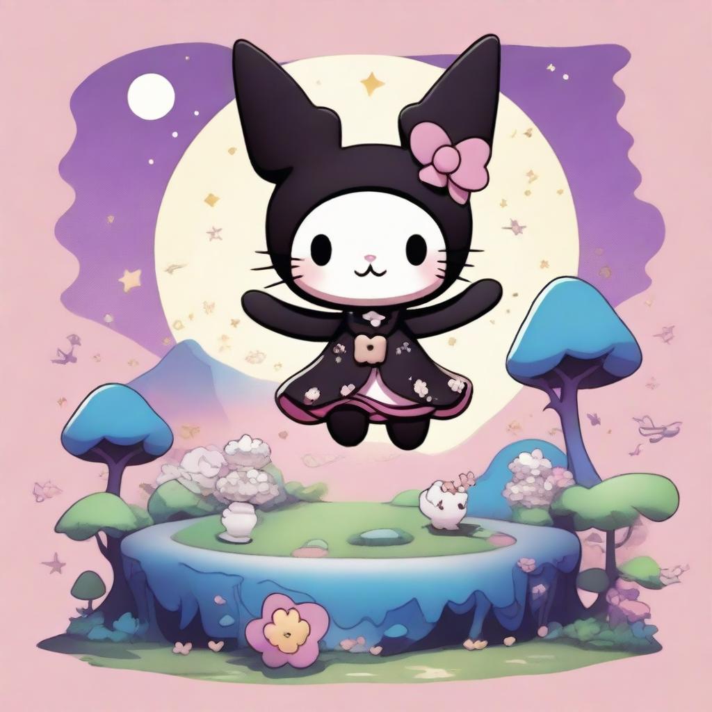 A detailed illustration of Kuromi, the mischievous character from Sanrio, set against a fantastical background