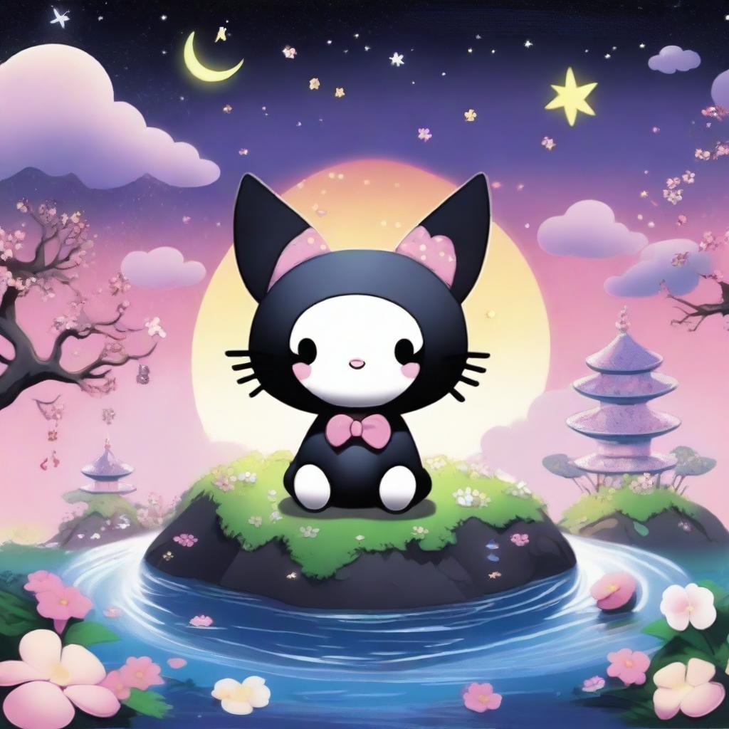 A detailed illustration of Kuromi, the mischievous character from Sanrio, set against a fantastical background