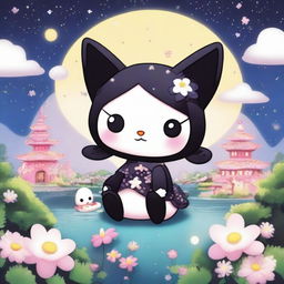 A detailed illustration of Kuromi, the mischievous character from Sanrio, set against a fantastical background