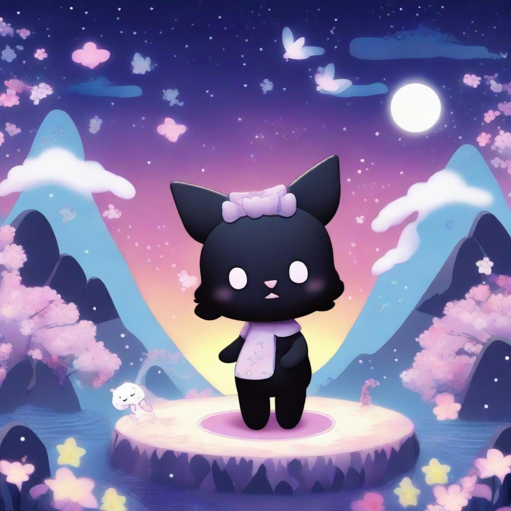 A whimsical illustration of Kuromi, the mischievous Sanrio character, set against a fantastical background