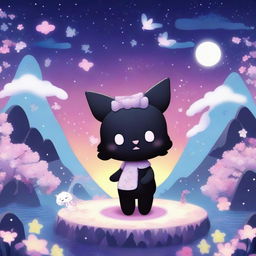 A whimsical illustration of Kuromi, the mischievous Sanrio character, set against a fantastical background