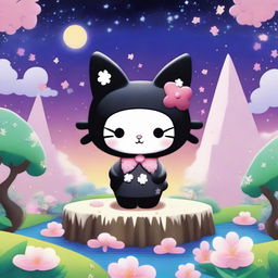 A whimsical illustration of Kuromi, the mischievous Sanrio character, set against a fantastical background